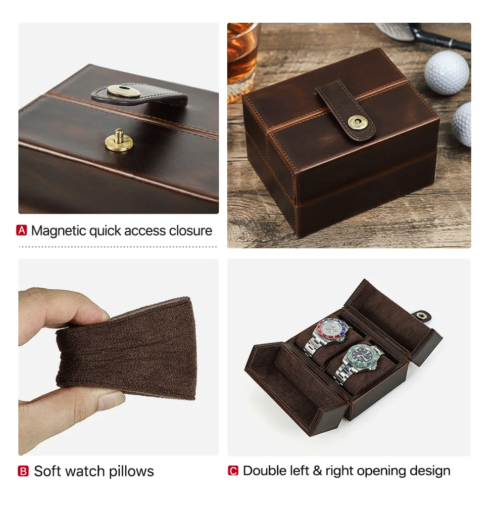 Wooden Leather Watch Box Magnetic LUX Brown Genuine Leather